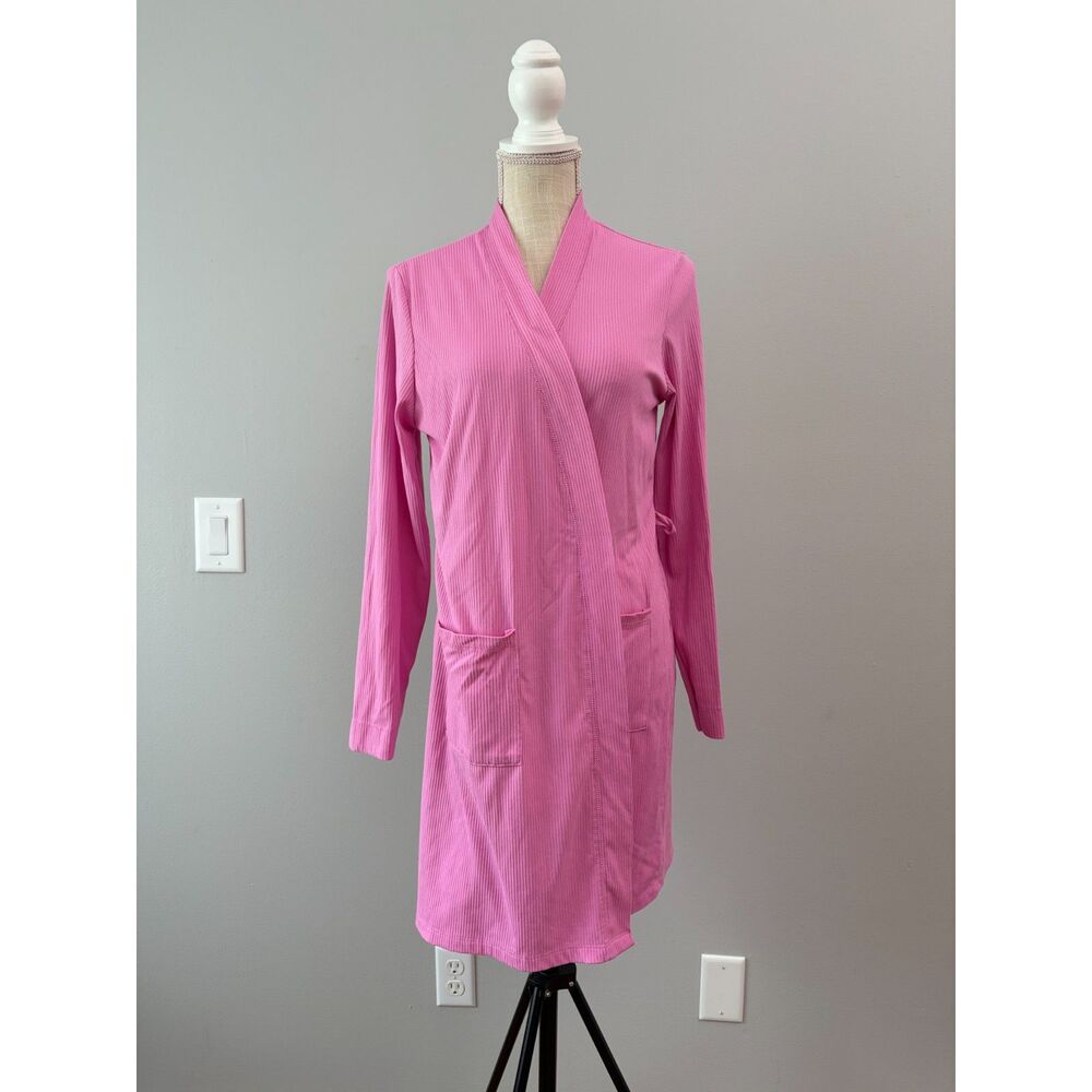 Y2K Juicy Couture Womens Med Pink Ribbed Robe Rhinestone Logo Missing Belt